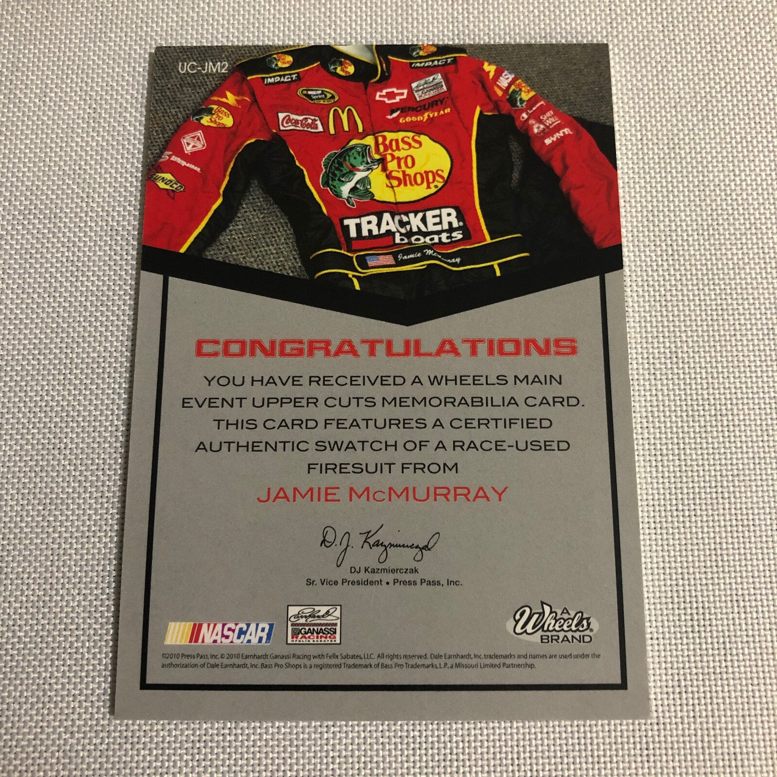 2010 Wheels Uppercuts Jamie McMurray Race Used Firesuit Relic Card /199 NASCAR