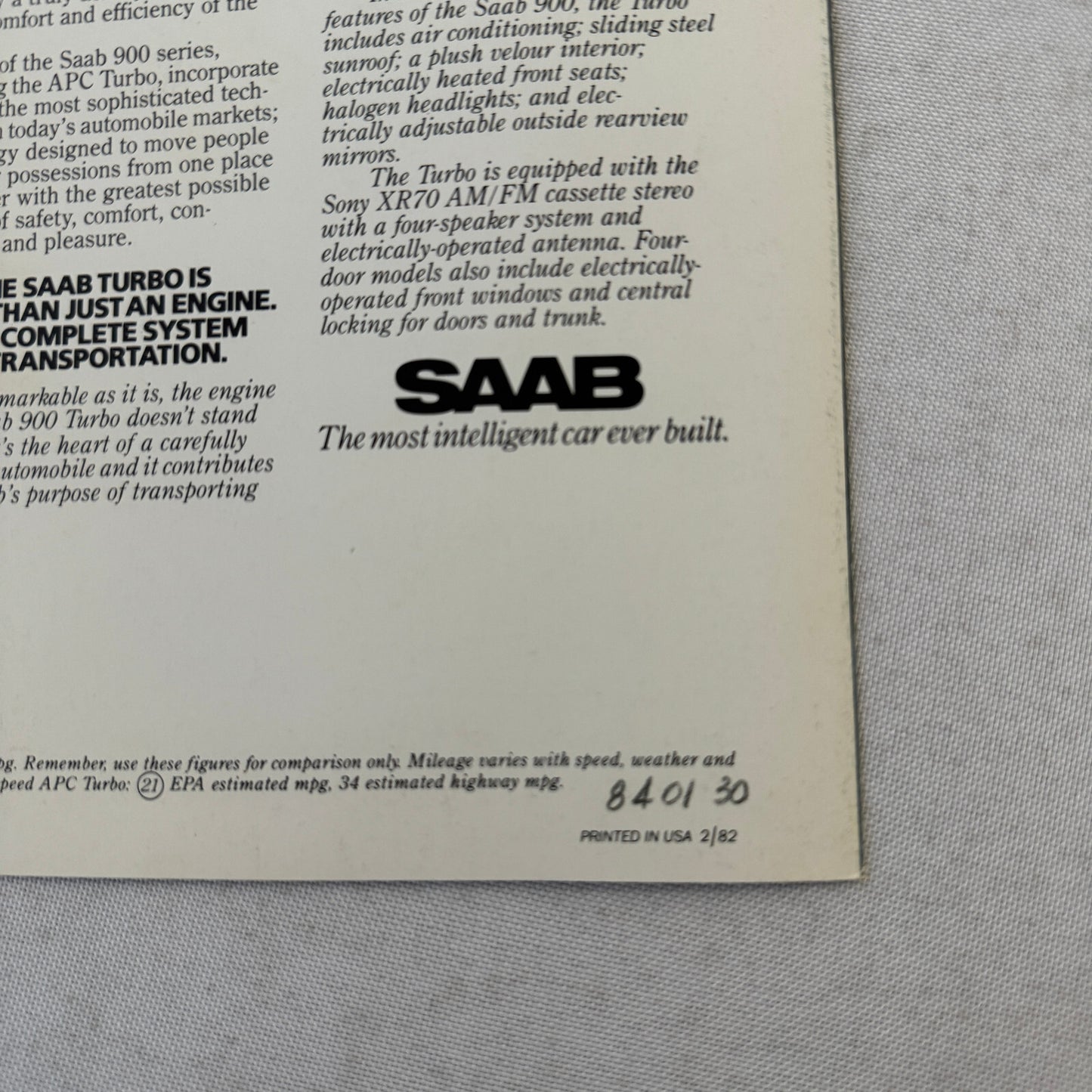 1982 Saab 900 Turbo Car Sales Brochure Catalog Advertising Vintage