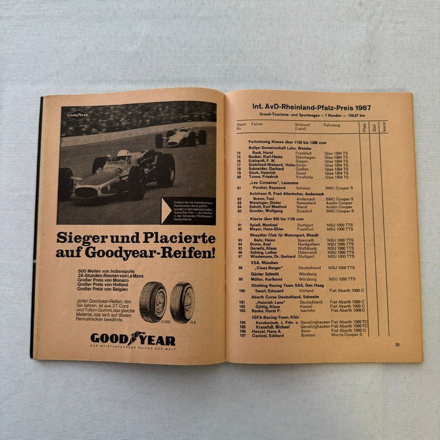 1967 AVD German Grand Prix Racing Program Motorsport Race Jim Clark Dan Gurney +