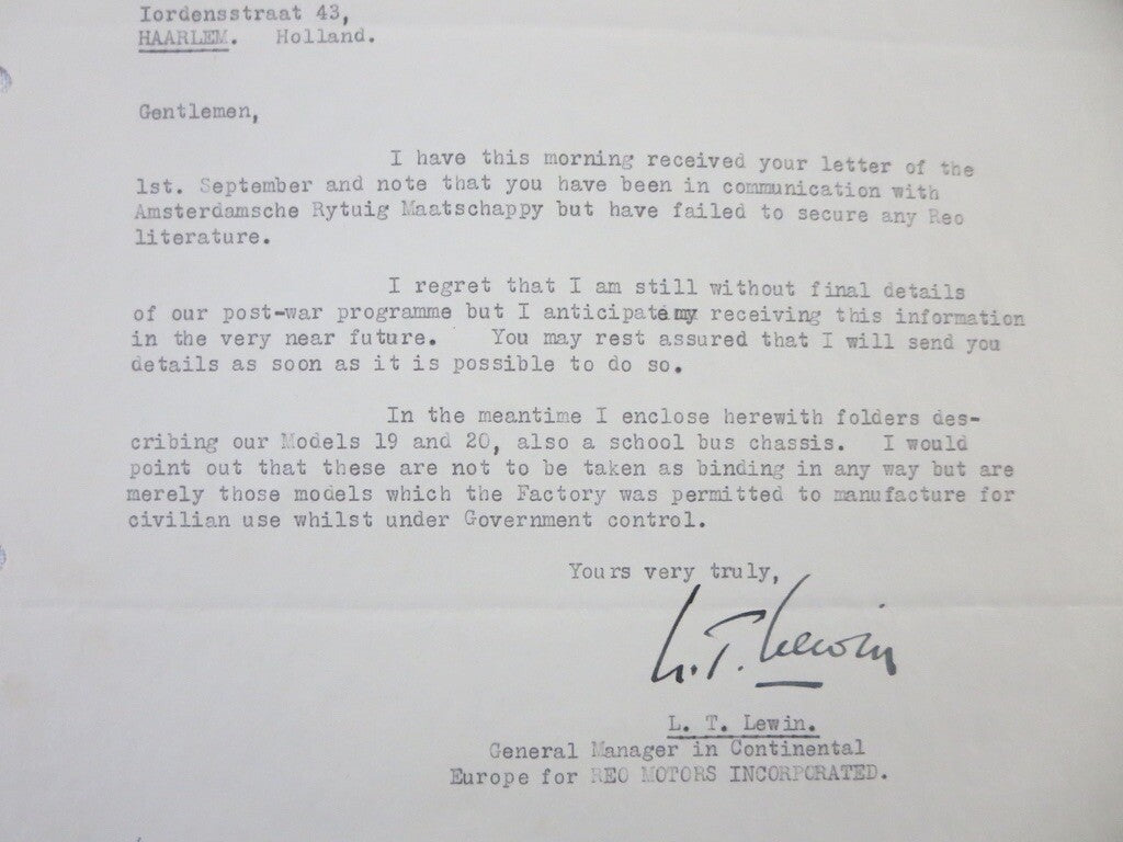 1945 REO Motors Inc Correspondence Letter Letterhead REO Truck Bus Model 19 20 