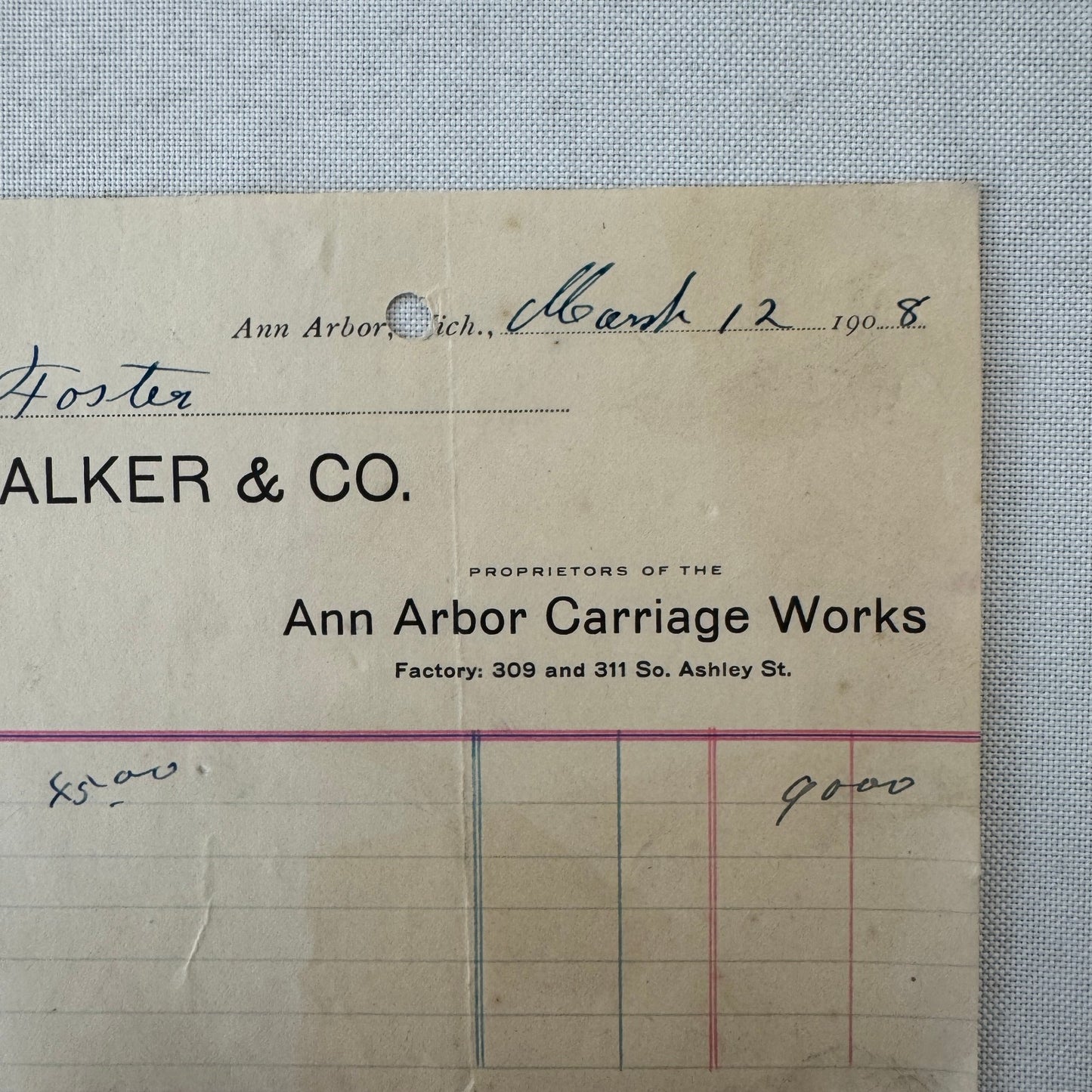 Walker and Company Receipt Letterhead Document 1908 Carriage Sleigh Ann Arbor MI