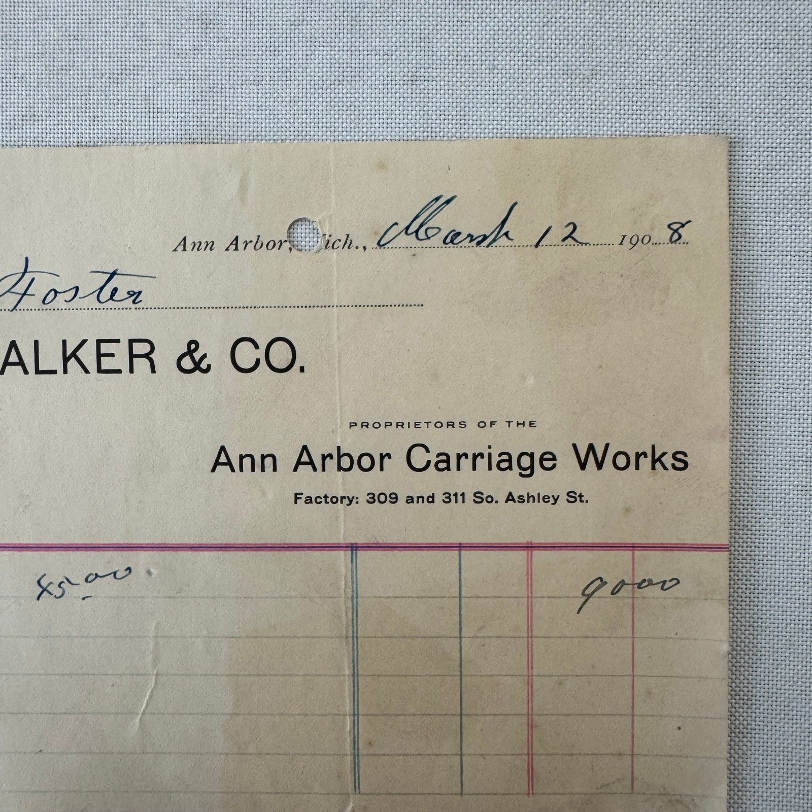 Walker and Company Receipt Letterhead Document 1908 Carriage Sleigh Ann Arbor MI