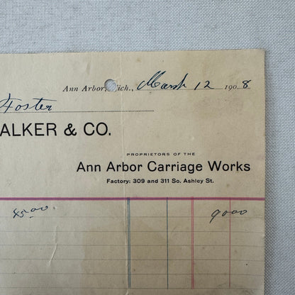 Walker and Company Receipt Letterhead Document 1908 Carriage Sleigh Ann Arbor MI