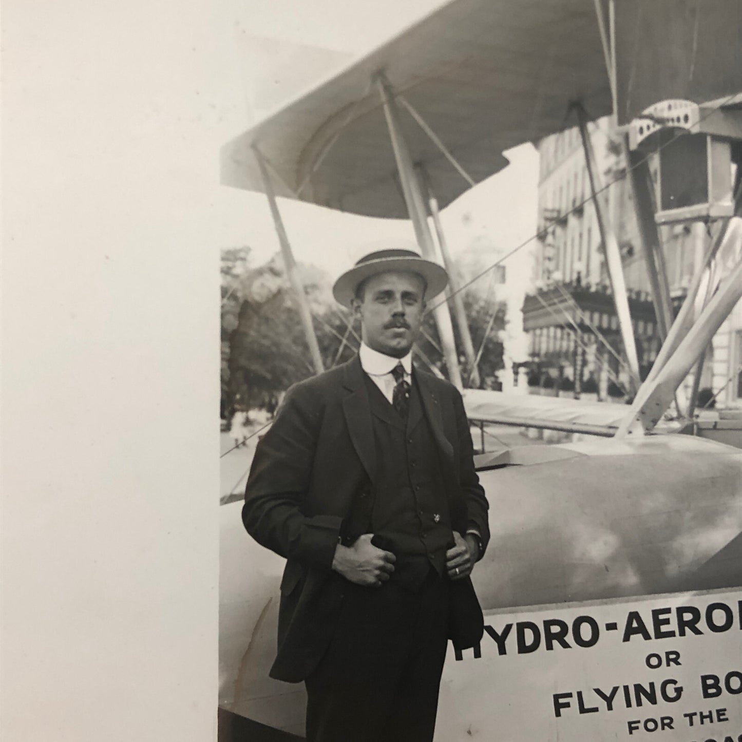 Antique Glass Plate Lantern Slide Men Flying Boat Airplane Aircraft Aviator