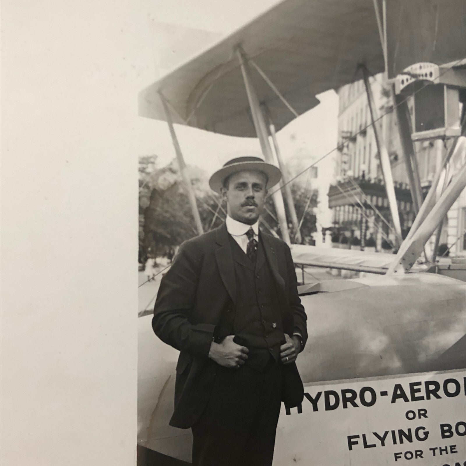 Antique Glass Plate Lantern Slide Men Flying Boat Airplane Aircraft Aviator