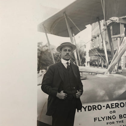 Antique Glass Plate Lantern Slide Men Flying Boat Airplane Aircraft Aviator