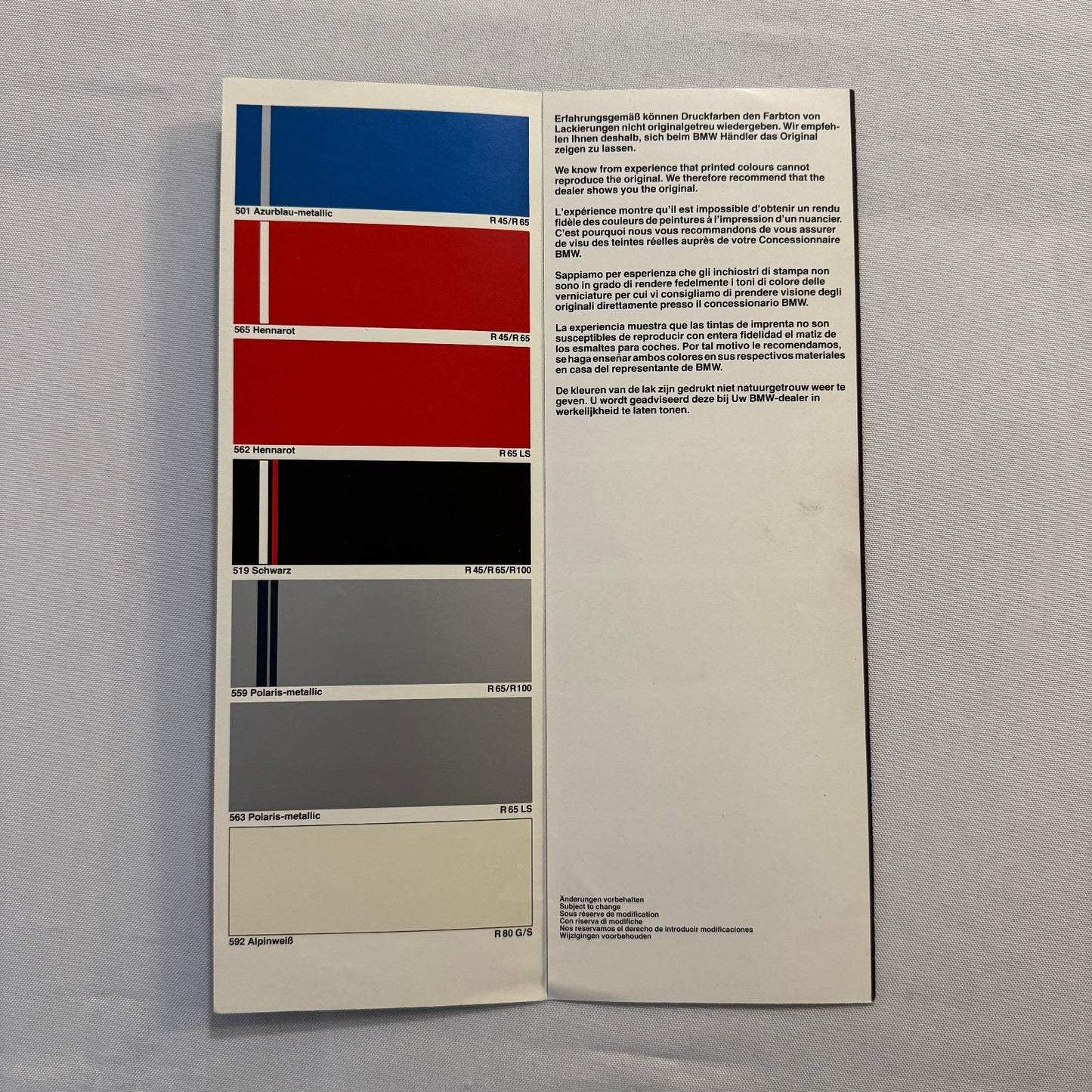 1982 BMW Motorcycle Bike Exterior Color Option Brochure  R65 R100 R80 GERMAN