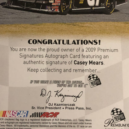 2009 Press Pass Premium Signatures Casey Mears Signed Signature Auto Card NASCAR