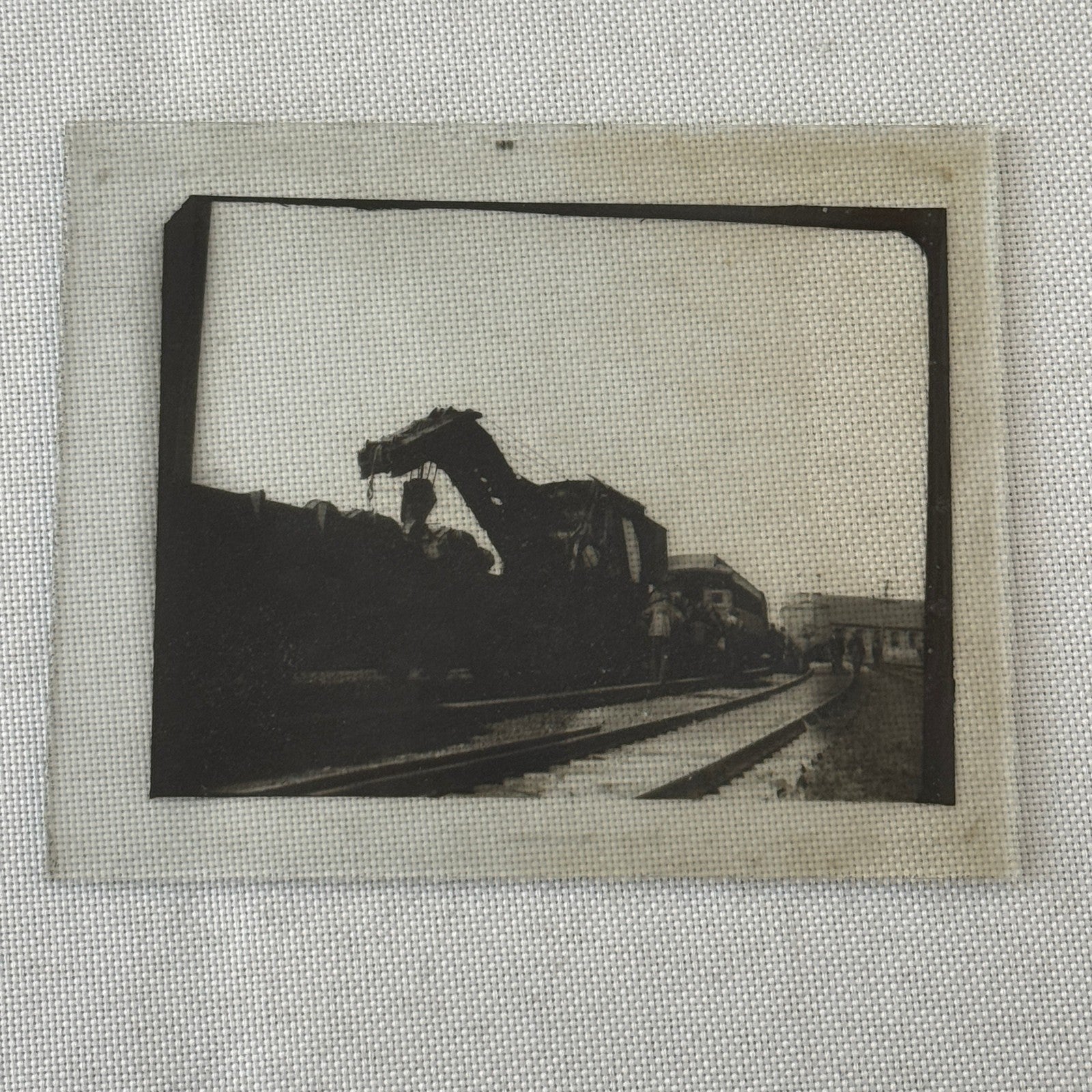 Antique Glass Plate Lantern Slide Photo Train with Crane
