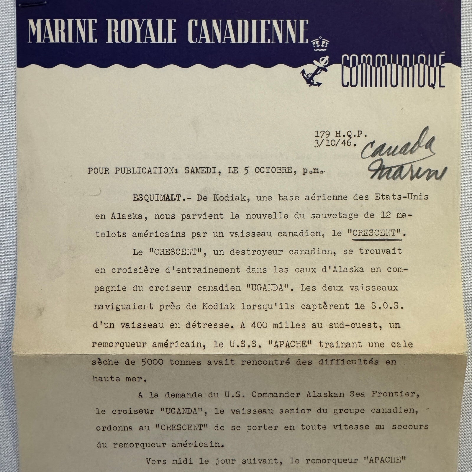 1946 Royal Canadian Navy Press Release Document HMCS Crescent Vintage FRENCH