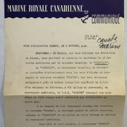 1946 Royal Canadian Navy Press Release Document HMCS Crescent Vintage FRENCH