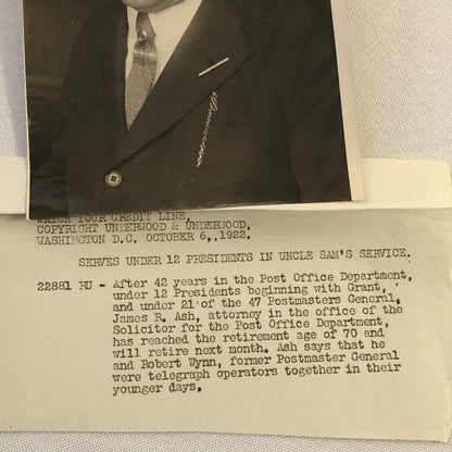 Press Photograph Photo Post Office Department Attorney Retires James R Ash