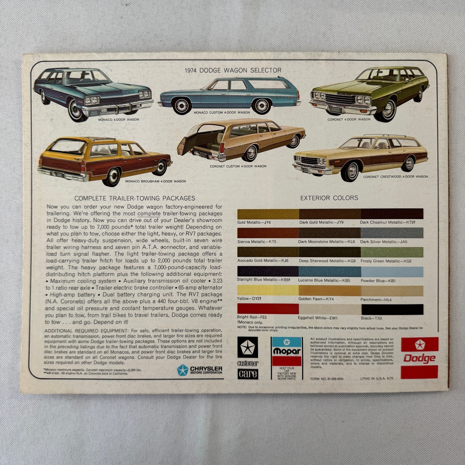 1974 Dodge Station Wagon Sales Brochure Monaco Coronet Custom Crestwood Brougham