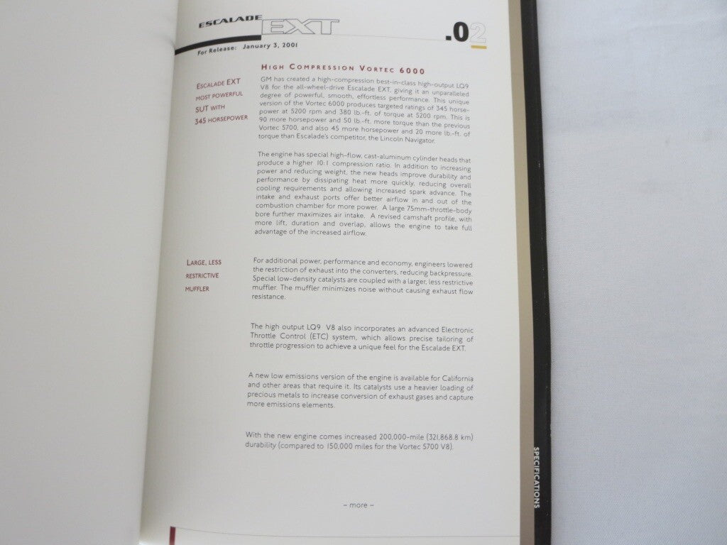 2002 Cadillac Escalade EXT Truck Press Kit Brochure Catalog 