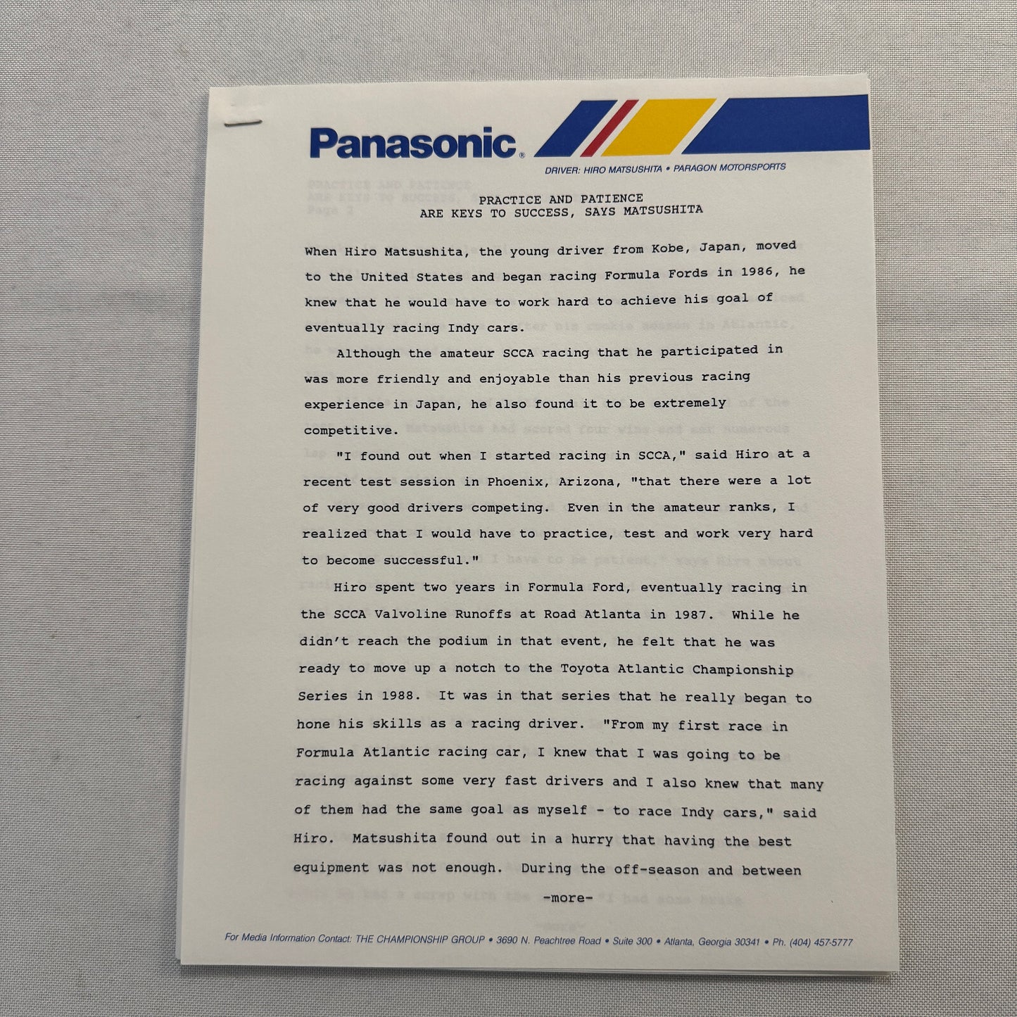 Hiro Matsushita CART Indy Car Racing Driver Press Kit Panasonic Team 1991