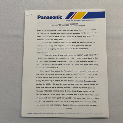 Hiro Matsushita CART Indy Car Racing Driver Press Kit Panasonic Team 1991
