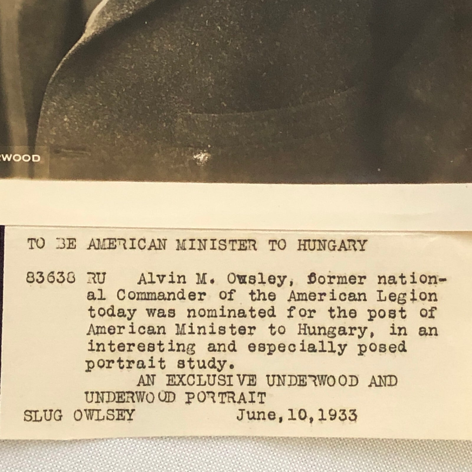 Press Photograph Photo American Minister to Hungary Portrait Alvin Owsley 1933