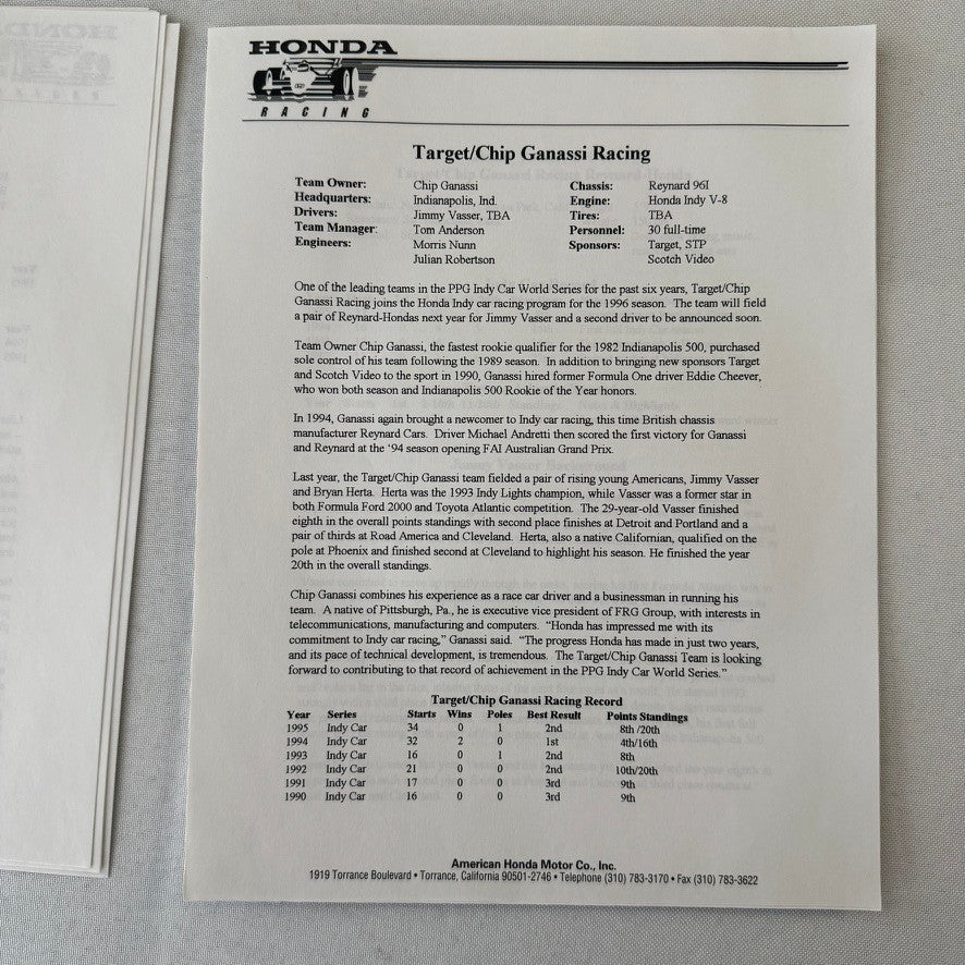 1996 Honda Indy Racing Press Kit Brochure Andre Ribeiro