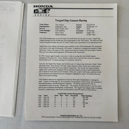 1996 Honda Indy Racing Press Kit Brochure Andre Ribeiro