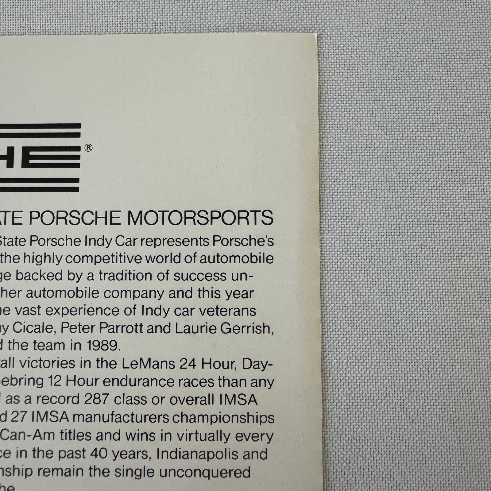 Vintage Porsche Quaker State Indy Racing Car Card Teo Fabi Driver