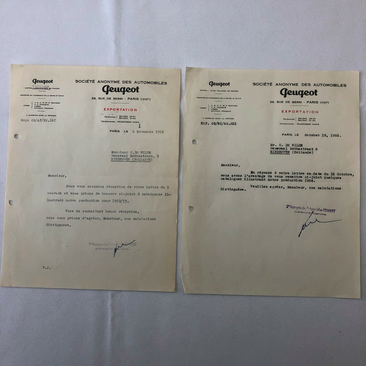 1948 - 1957 Peugeot Car Letter Letterhead Document Lot of 9 - FRENCH