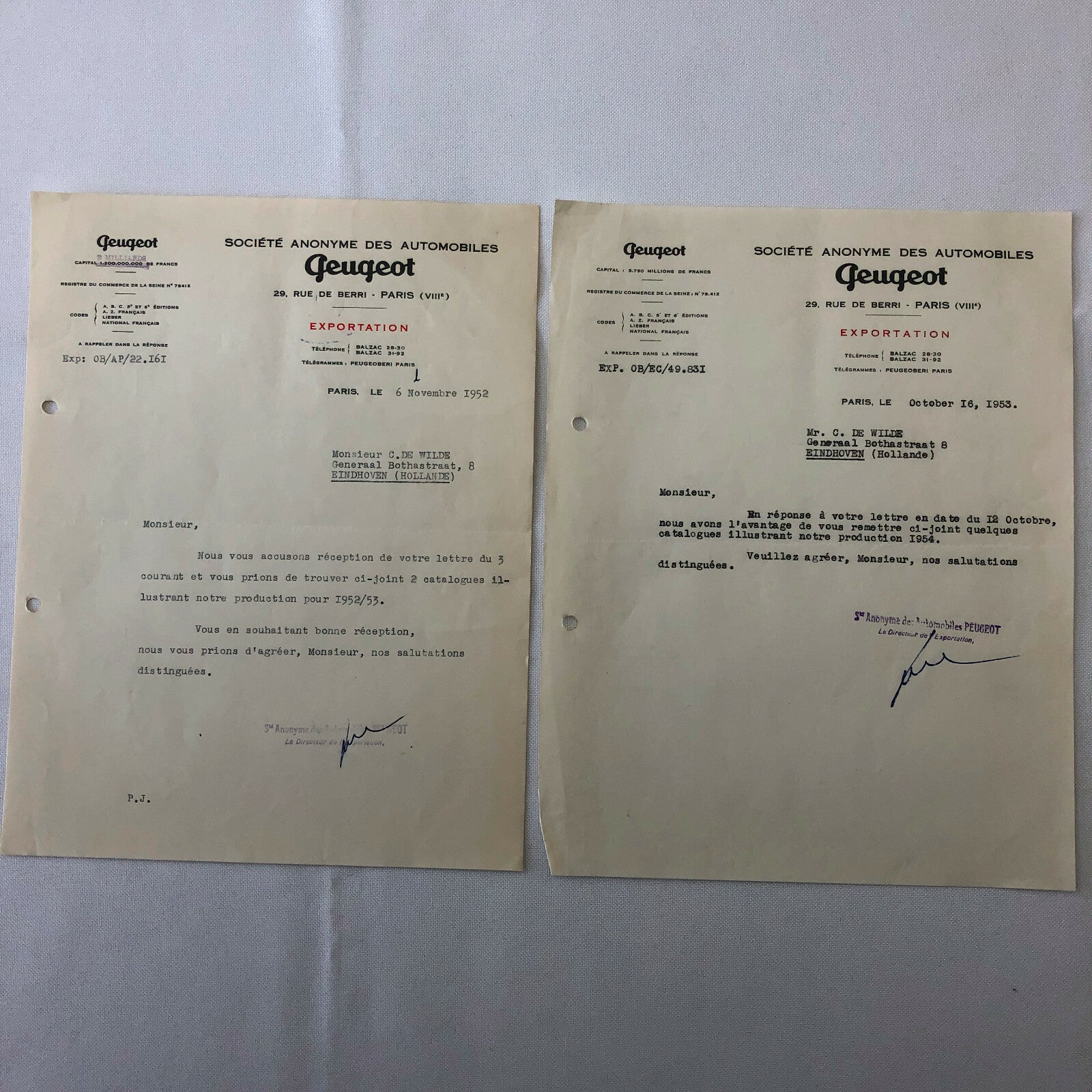 1948 - 1957 Peugeot Car Letter Letterhead Document Lot of 9 - FRENCH