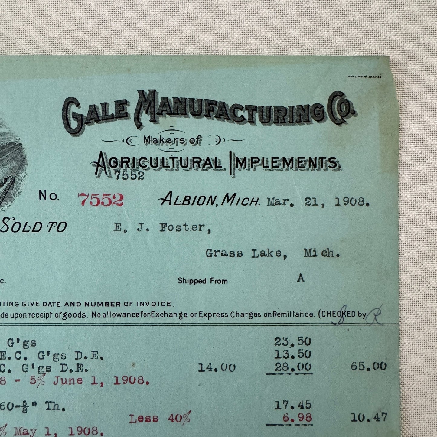 Gale Manufacturing Company Agricultural Implements Albion Michigan 1908 Document