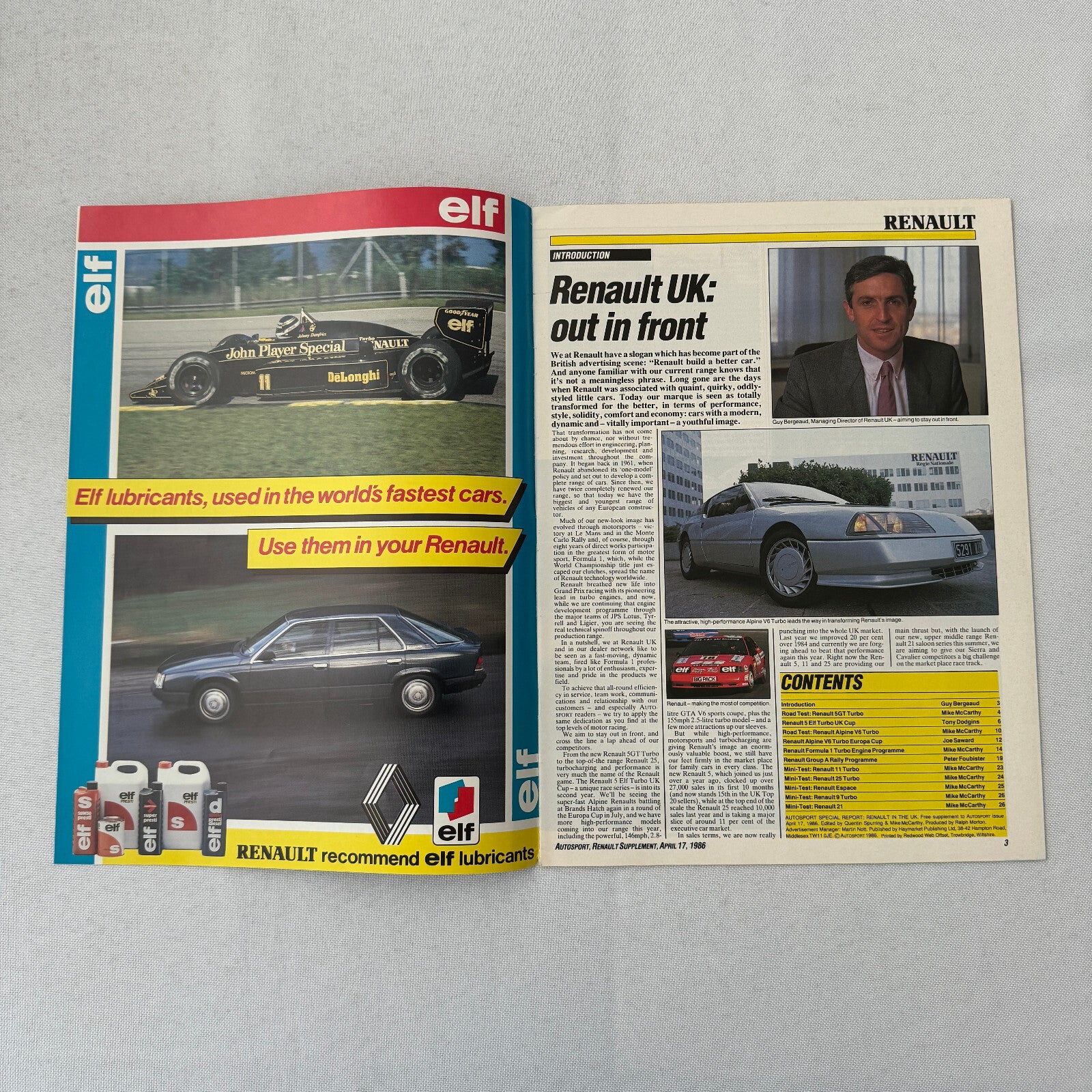 1986 Renault Racing Autosport Supplement Formula One F1 Renault 5GT Turbo ELF +