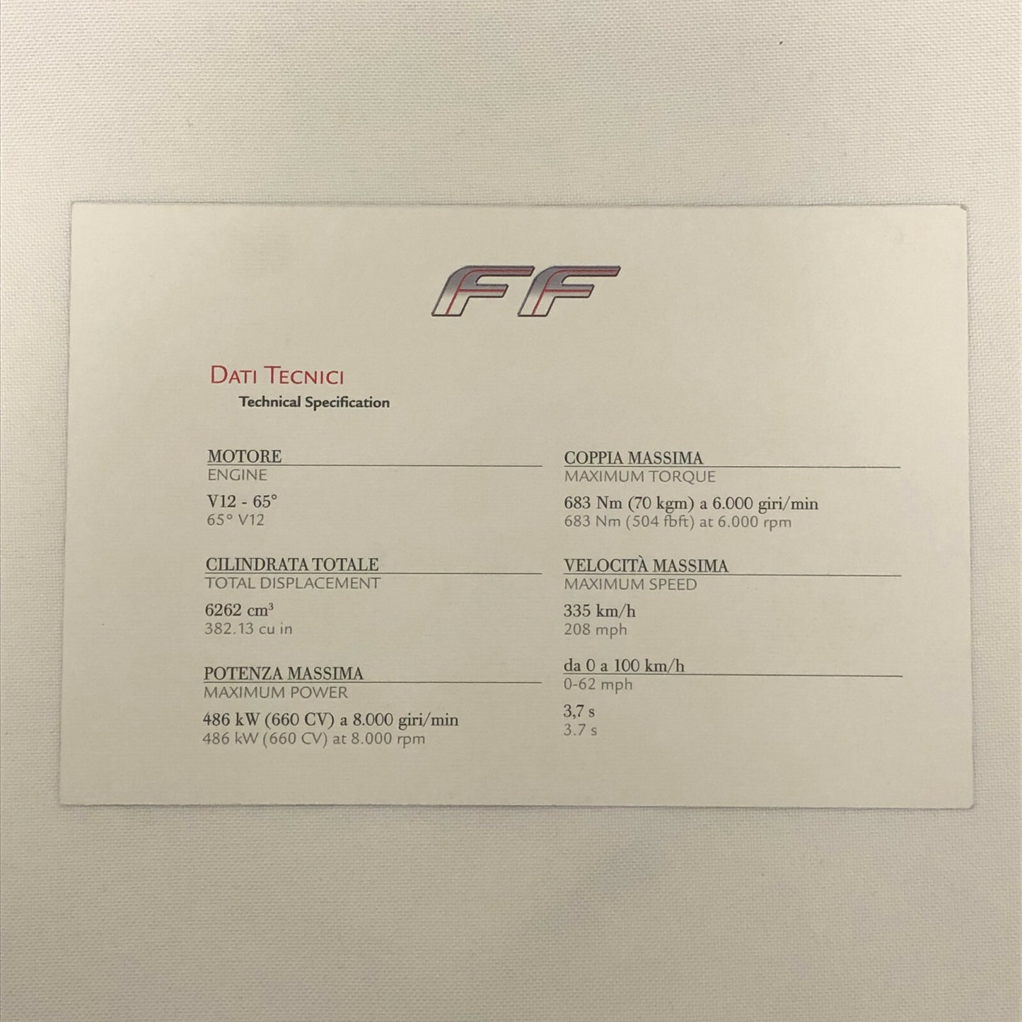 Ferrari FF Advertising Card Postcard Brochure - Italian Text 