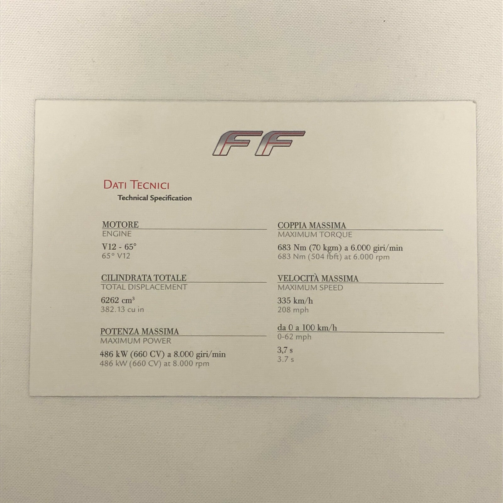 Ferrari FF Advertising Card Postcard Brochure - Italian Text 