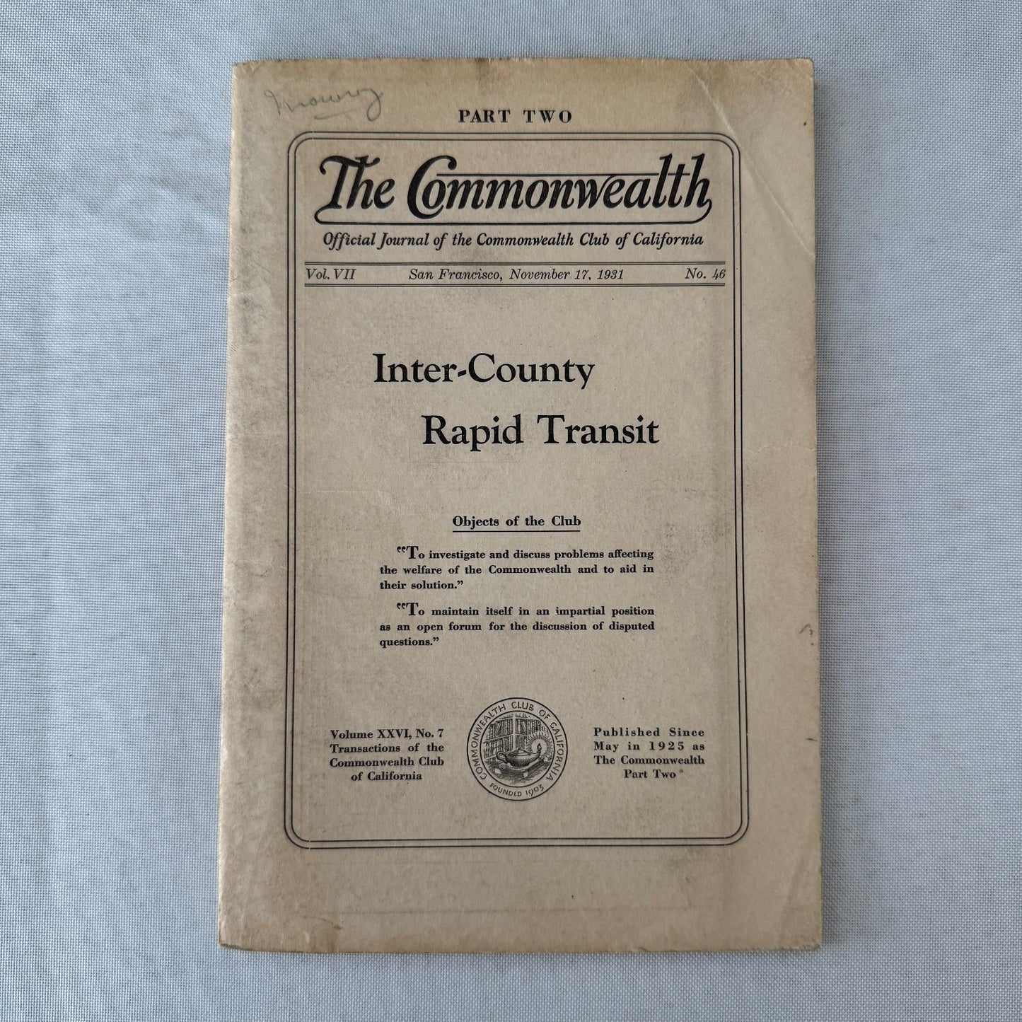 Commonwealth Club of California The Commonwealth Journal Railway Highway 1931