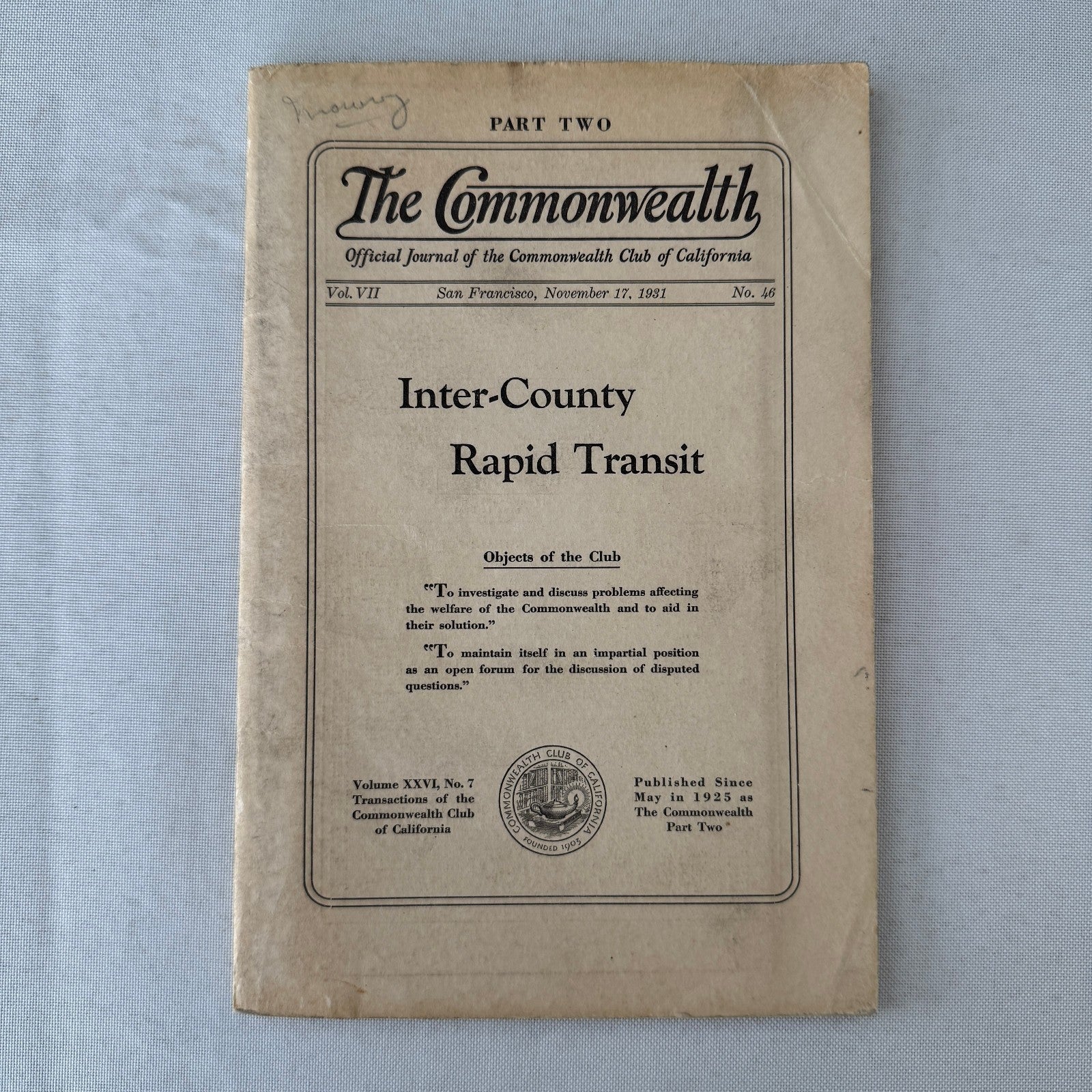 Commonwealth Club of California The Commonwealth Journal Railway Highway 1931