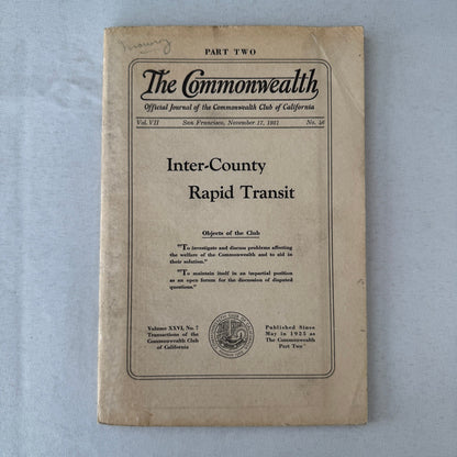 Commonwealth Club of California The Commonwealth Journal Railway Highway 1931
