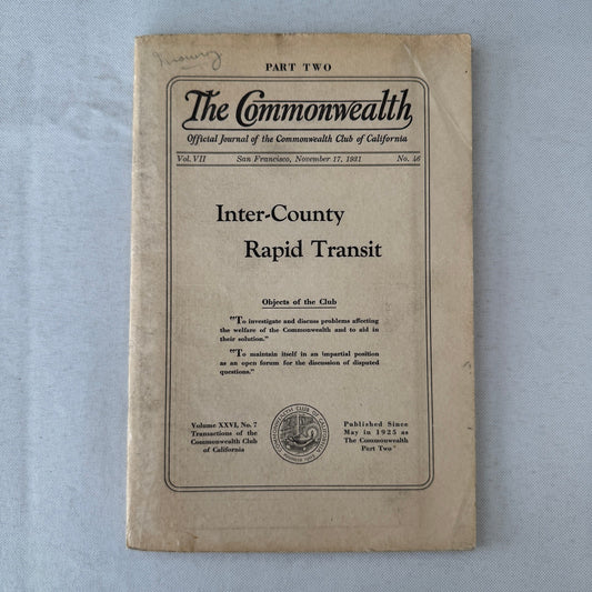 Commonwealth Club of California The Commonwealth Journal Railway Highway 1931