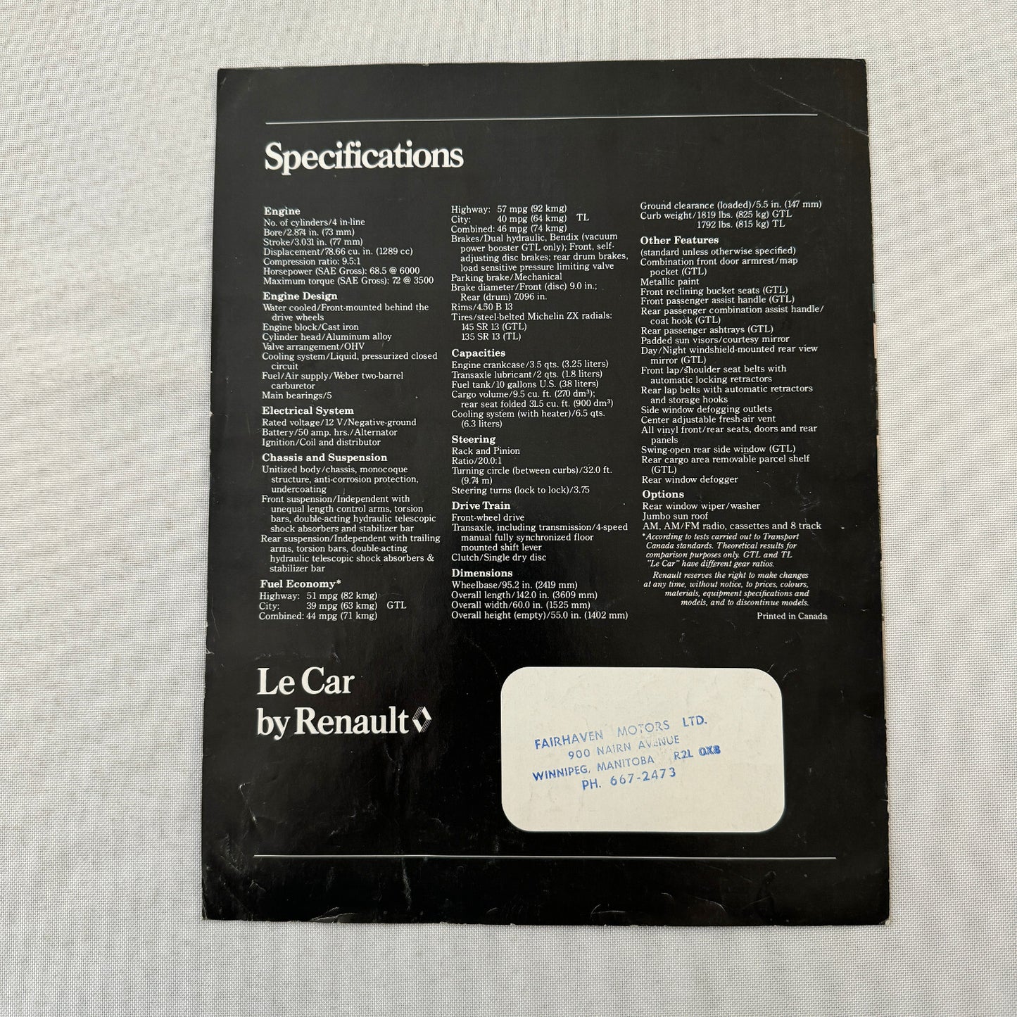 Renault LeCar Car Sales Brochure Catalog Vintage Advertising Canadian