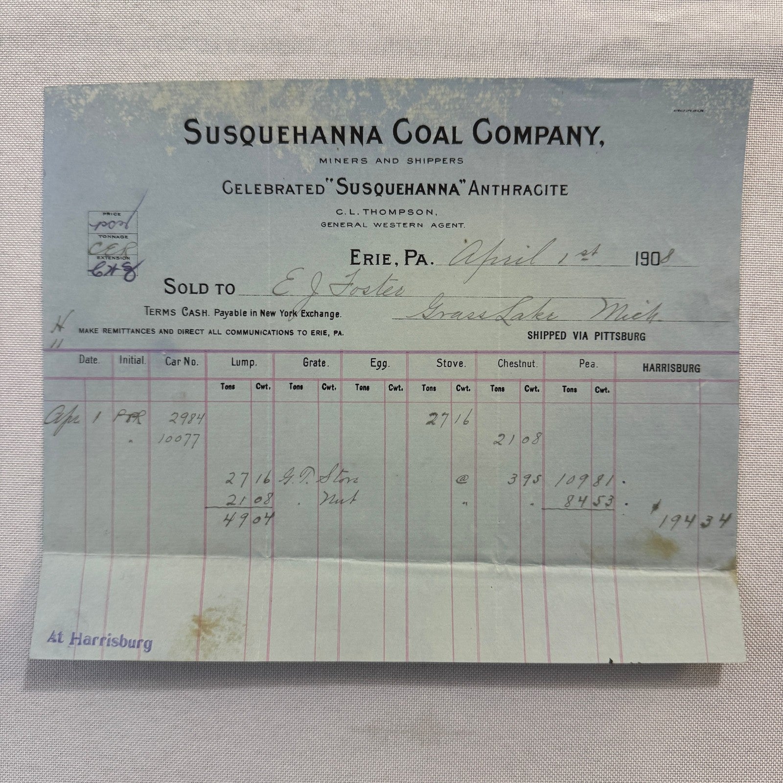 1908 Susquehanna Coal Company Invoice Receipt Document Lot 6x Erie Pennsylvania