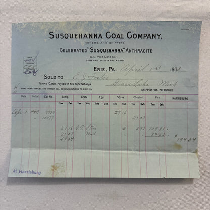 1908 Susquehanna Coal Company Invoice Receipt Document Lot 6x Erie Pennsylvania