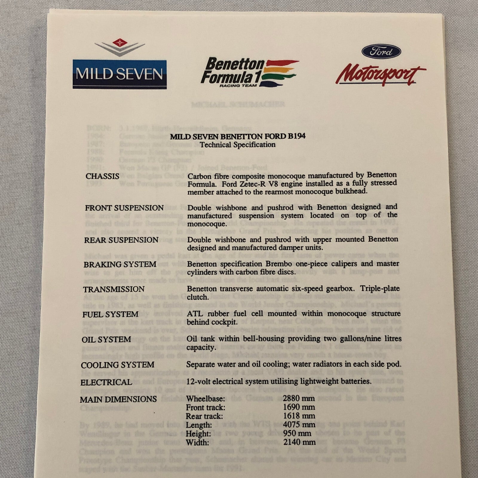 Benetton Ford B194 Racing Car Press Kit with Photos