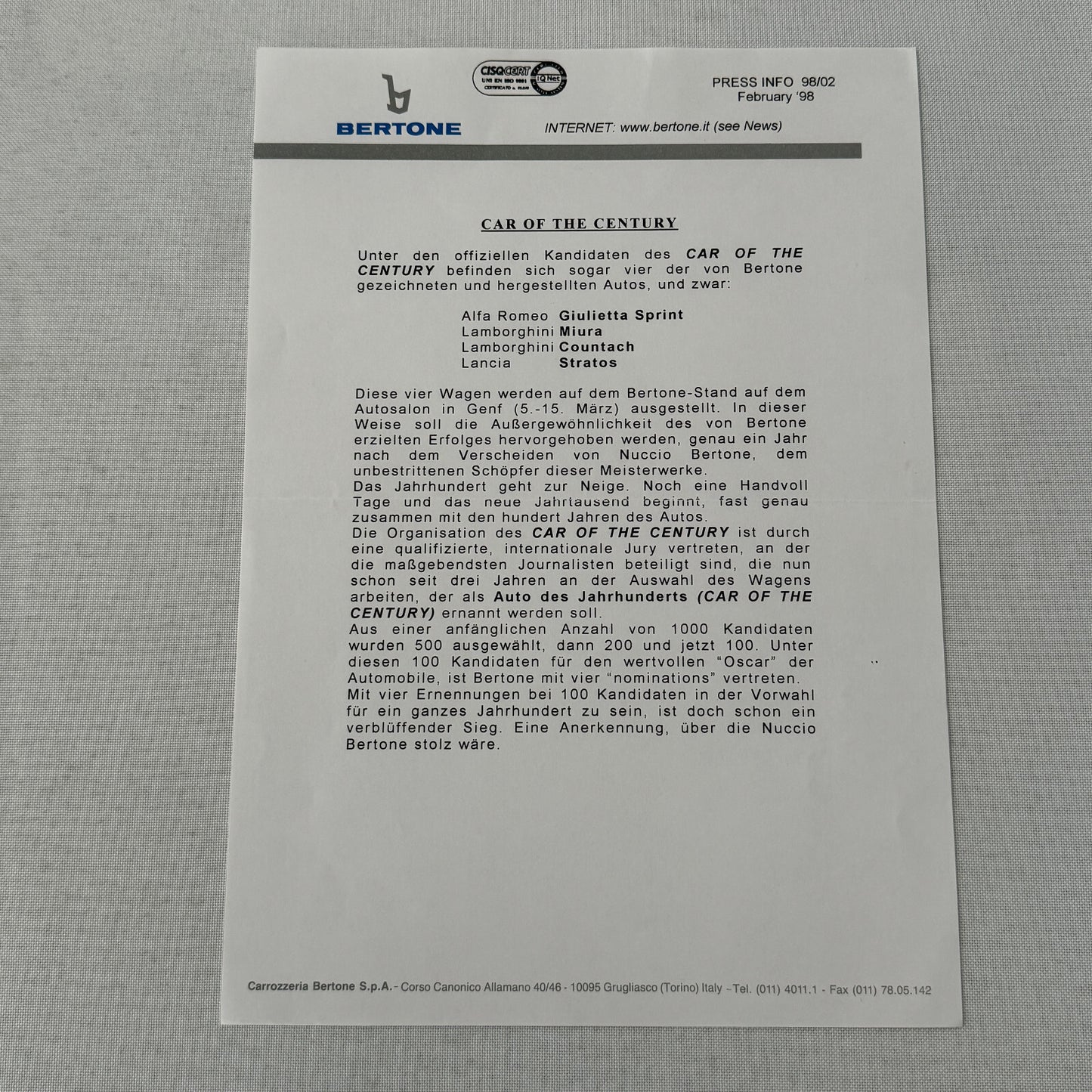Bertone Press Kit 1998 Lamborghini Miura Countach Lancia Stratos Alfa Romeo +