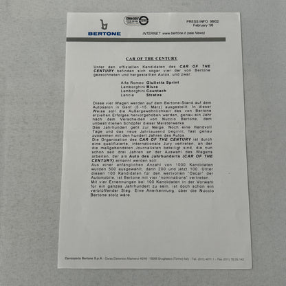 Bertone Press Kit 1998 Lamborghini Miura Countach Lancia Stratos Alfa Romeo +