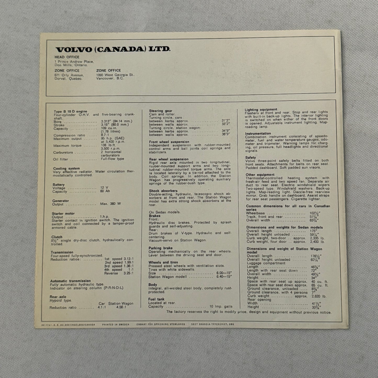 Volvo Canadian Series Car Sales Brochure Catalog Coupe Sedan Station Wagon