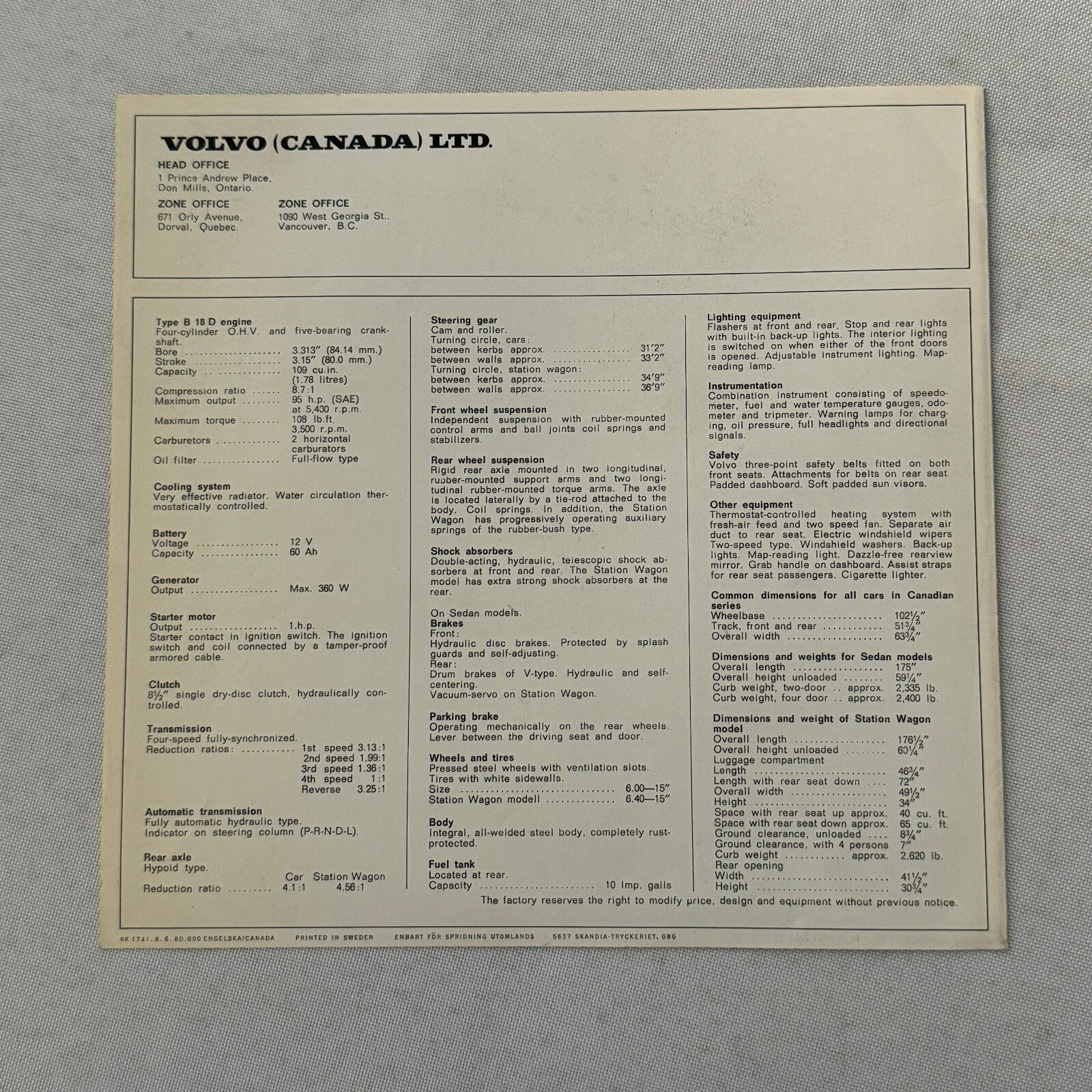 Volvo Canadian Series Car Sales Brochure Catalog Coupe Sedan Station Wagon