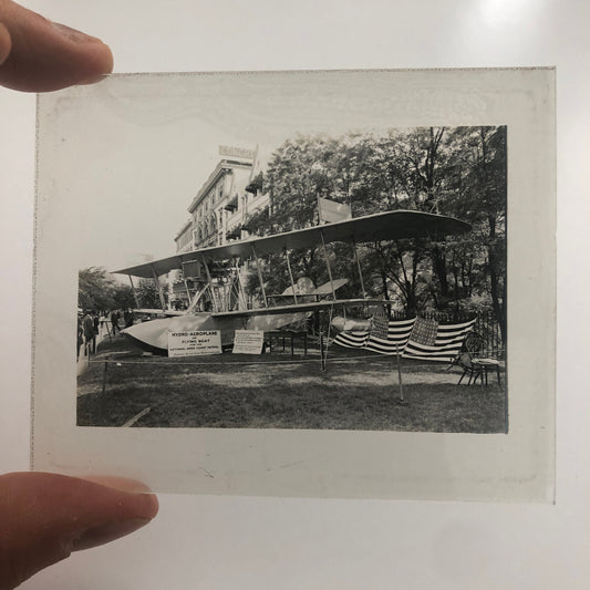 Antique Glass Plate Lantern Slide Men Flying Boat Airplane Aircraft Aviator