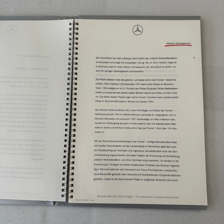 1997 Mercedes Marlboro F1 Formula One Racing Press KIt Mika Hakkinen Coulthard