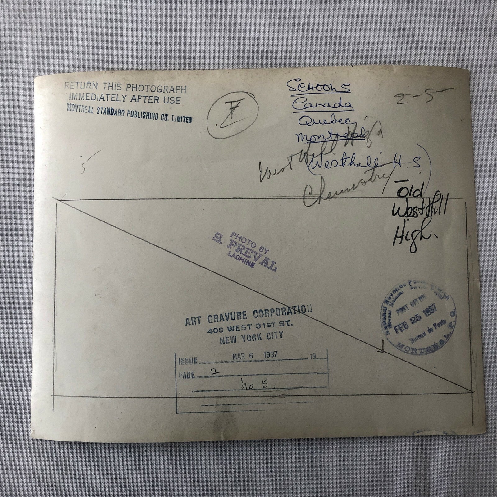 Vintage Montreal High School Photo Photograph Science West Hill Highschool 1937