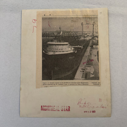 Vintage Ship Press Photo Photograph Print Boat Montreal Montrealais 1963
