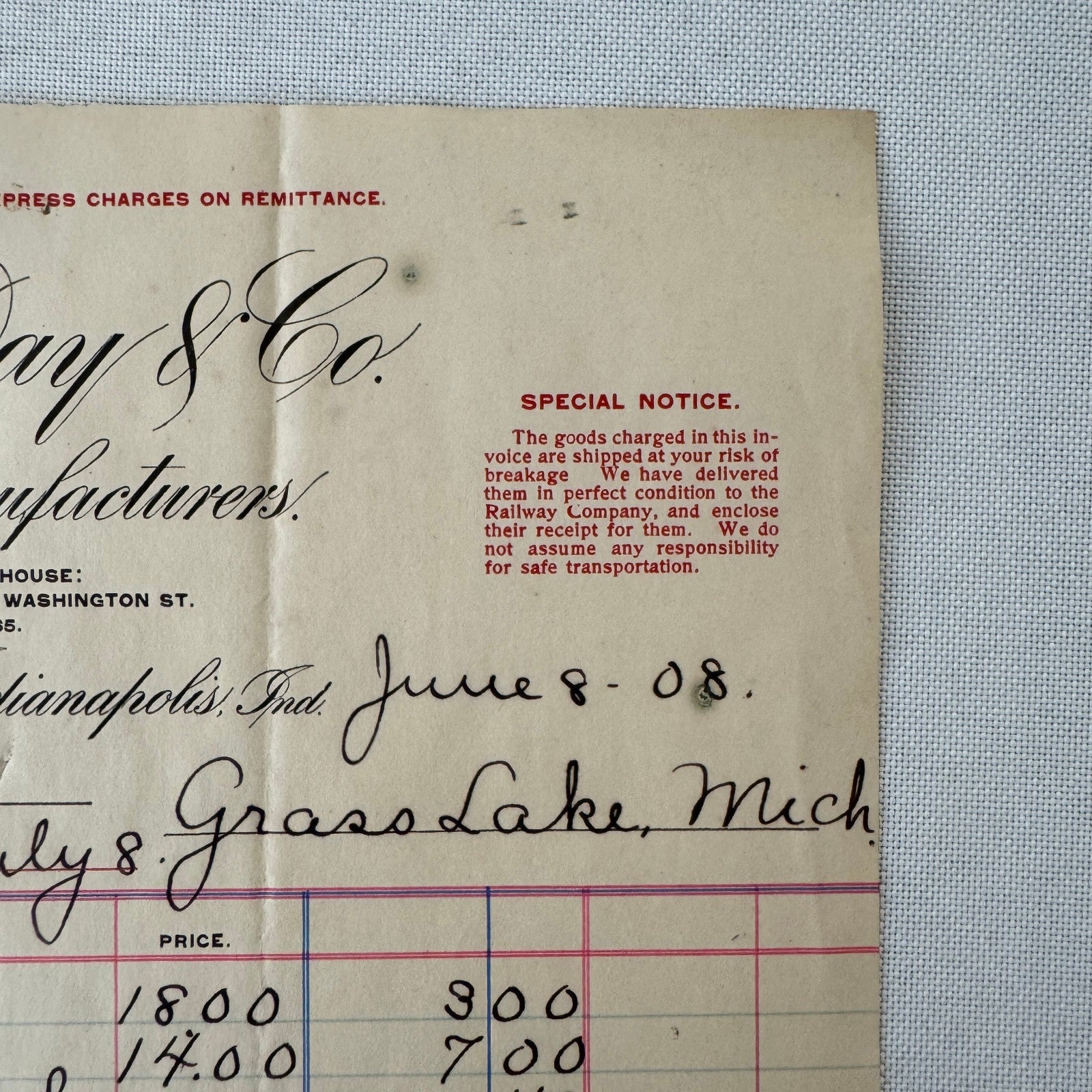 Smith Day and Company Chair Manufacturer Receipt Invoice Document 1908 Indiana