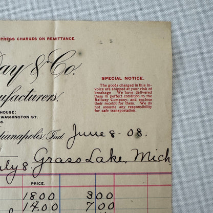 Smith Day and Company Chair Manufacturer Receipt Invoice Document 1908 Indiana