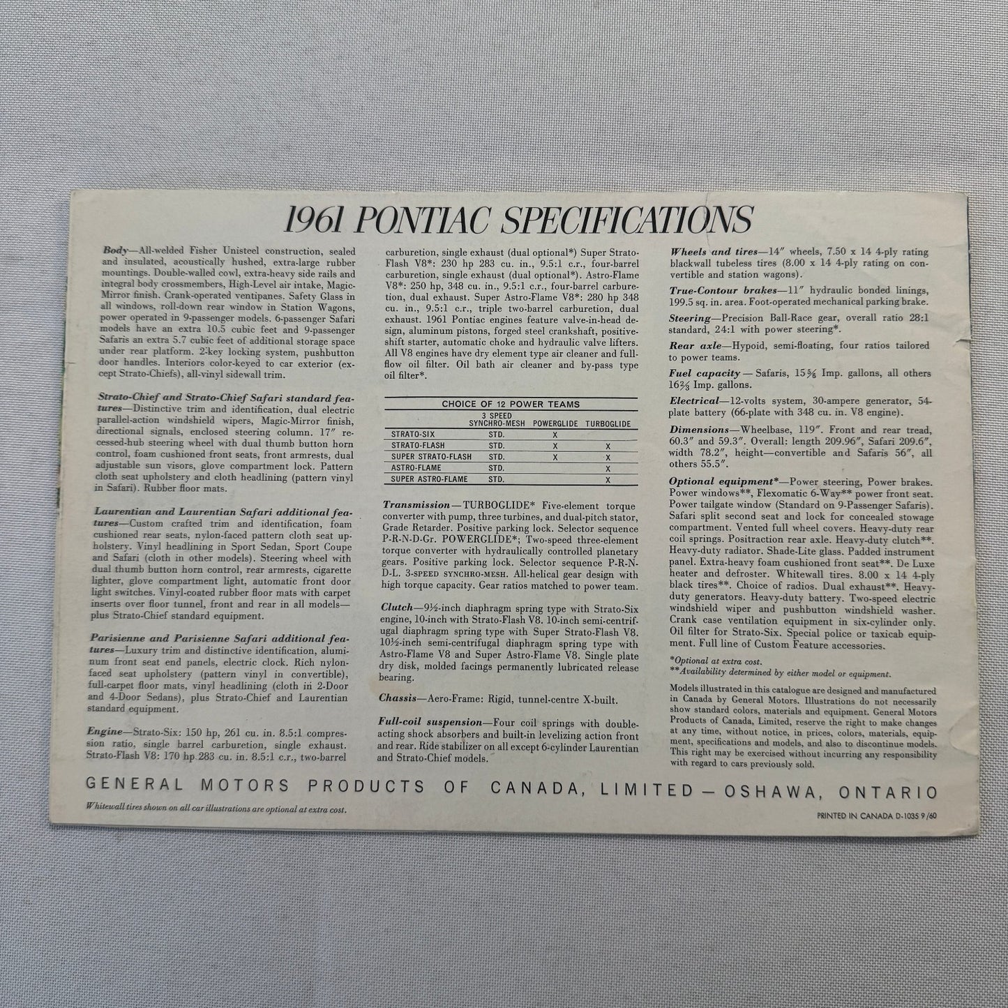 1961 Pontiac Sales Brochure Parisienne Laurentian Strato Chief Canadian Catalog