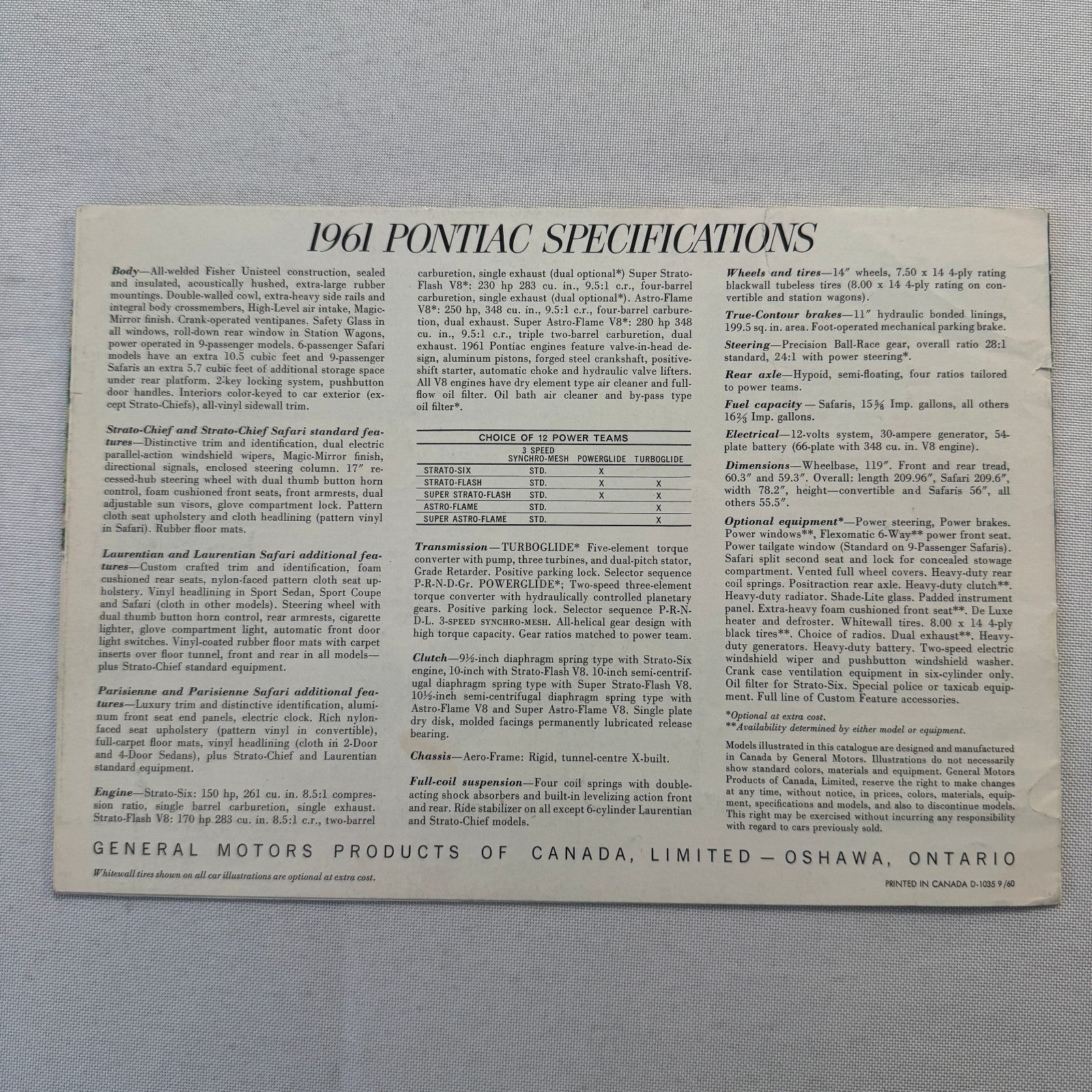 1961 Pontiac Sales Brochure Parisienne Laurentian Strato Chief Canadian Catalog